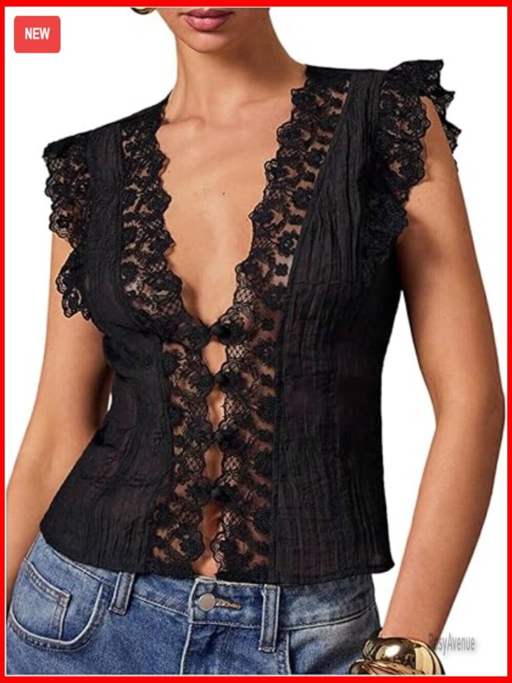 Lace Trim Tie Front Deep V Neck Sleeveless Vest Top